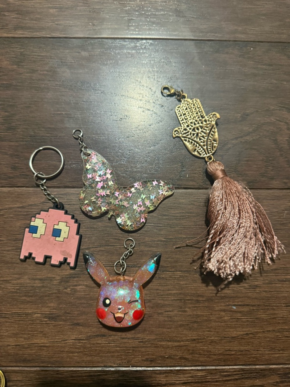 Assorted Glitter Keychain Lot - Butterfly, Pikachu, Pixel Ghost, Hamsa Tassel